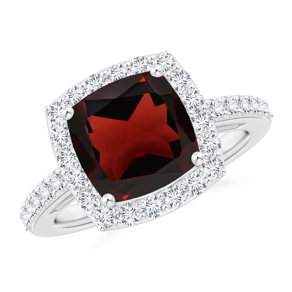 9mm AA Cushion Garnet Engagement Ring with Diamond Halo in White Gold 