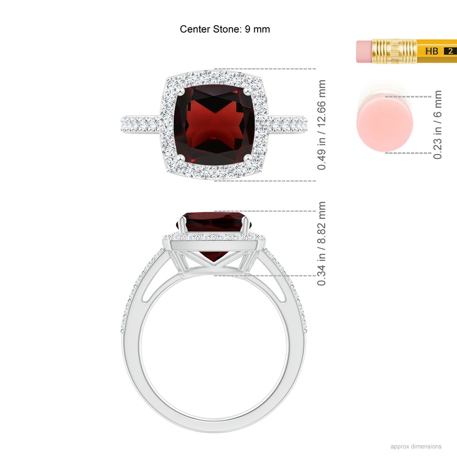 9mm AA Cushion Garnet Engagement Ring with Diamond Halo in White Gold ruler