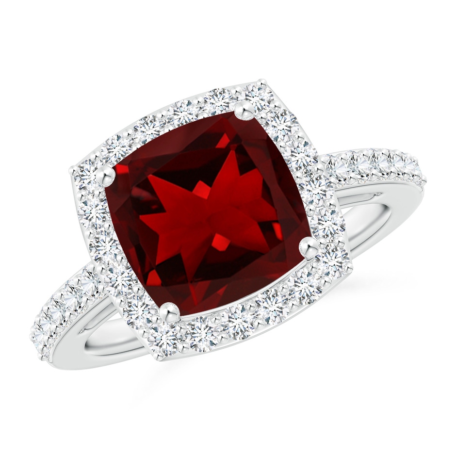 9mm AAAA Cushion Garnet Engagement Ring with Diamond Halo in White Gold 