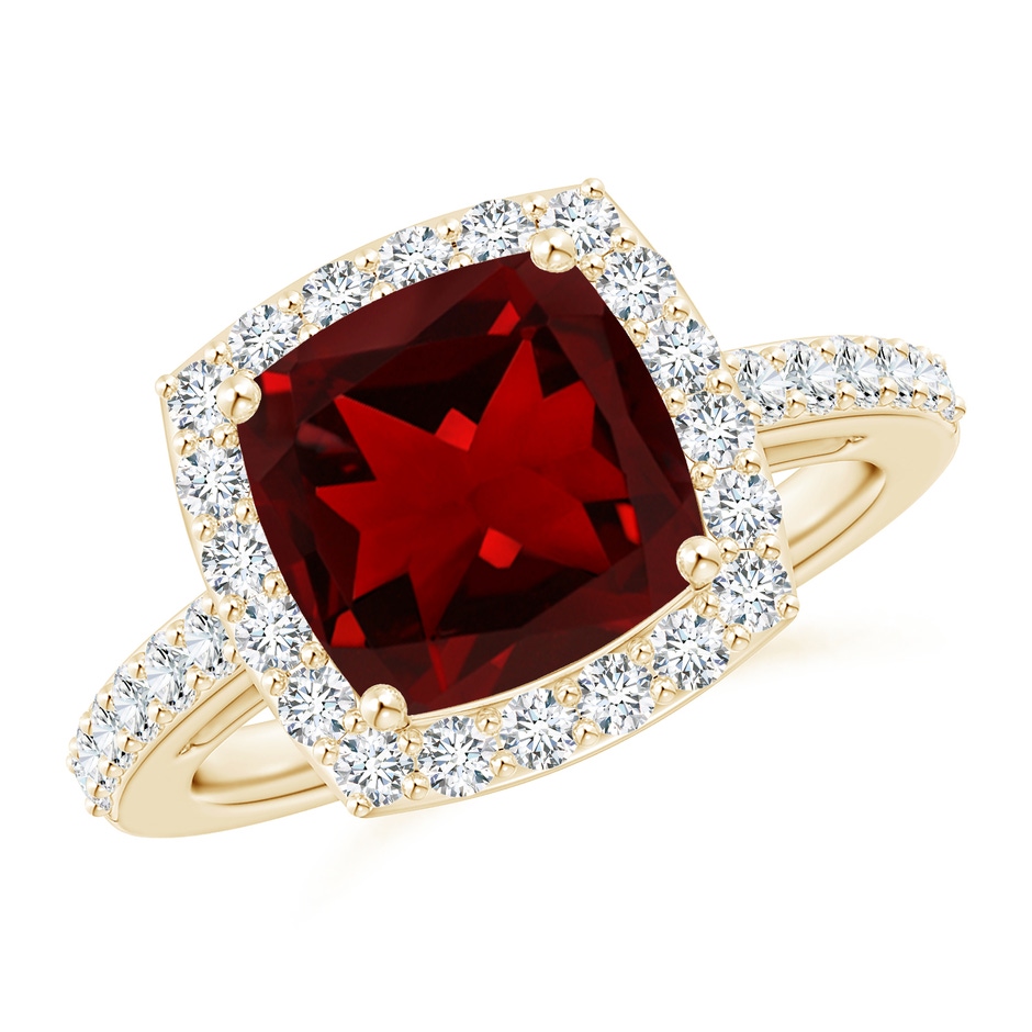 9mm AAAA Cushion Garnet Engagement Ring with Diamond Halo in Yellow Gold 