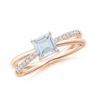 5mm A Square Aquamarine Crossover Shank Ring with Diamonds in Rose Gold