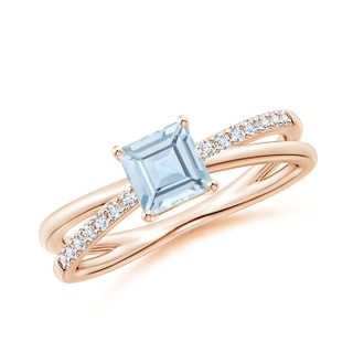 5mm AA Square Aquamarine Crossover Shank Ring with Diamonds in Rose Gold