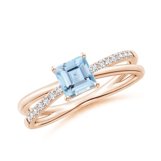 5mm AAA Square Aquamarine Crossover Shank Ring with Diamonds in Rose Gold