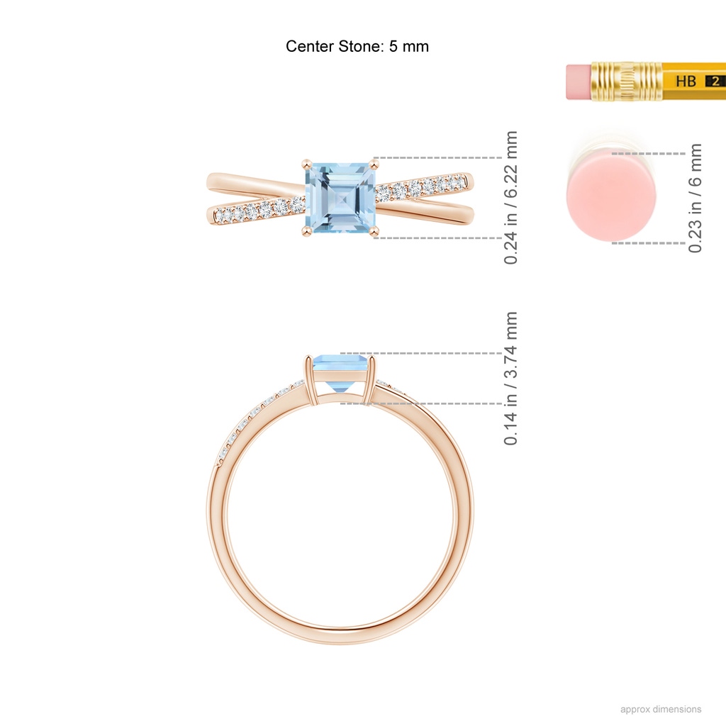 5mm AAA Square Aquamarine Crossover Shank Ring with Diamonds in Rose Gold Ruler