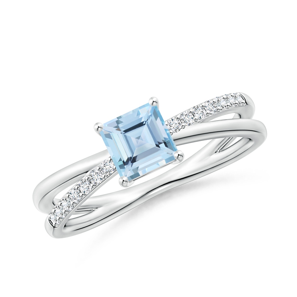 5mm AAA Square Aquamarine Crossover Shank Ring with Diamonds in White Gold