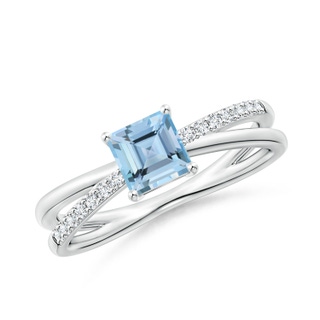5mm AAAA Square Aquamarine Crossover Shank Ring with Diamonds in P950 Platinum