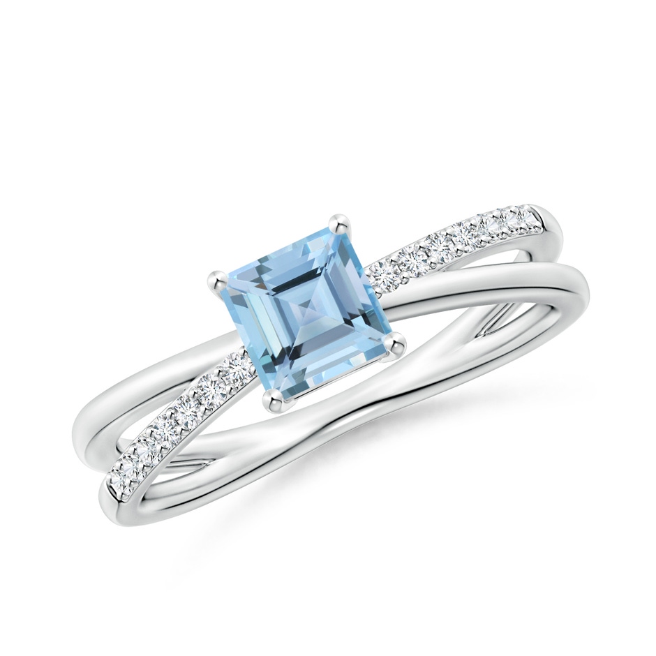 5mm AAAA Square Aquamarine Crossover Shank Ring with Diamonds in P950 Platinum 