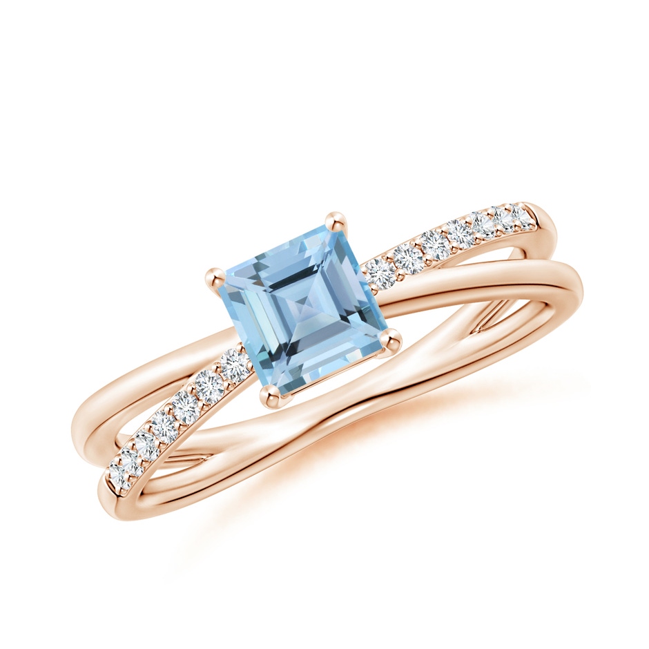 5mm AAAA Square Aquamarine Crossover Shank Ring with Diamonds in Rose Gold 
