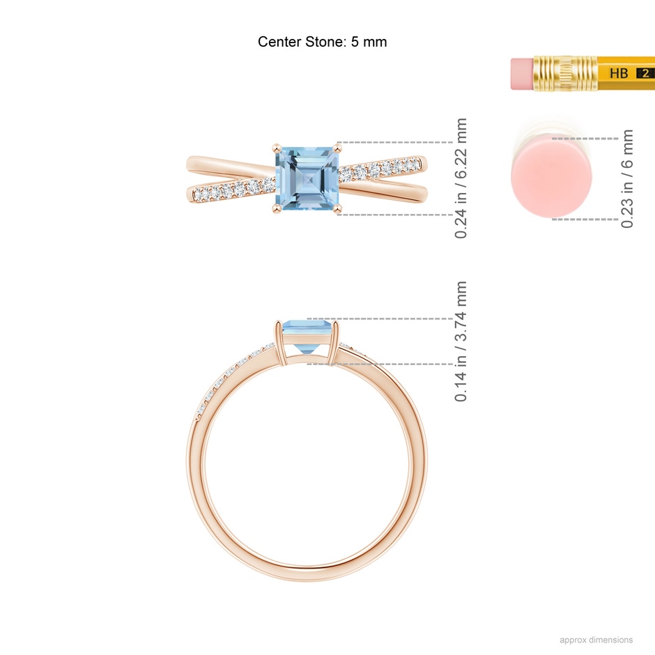 5mm AAAA Square Aquamarine Crossover Shank Ring with Diamonds in Rose Gold ruler