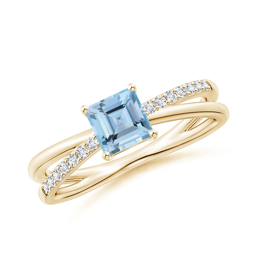 5mm AAAA Square Aquamarine Crossover Shank Ring with Diamonds in Yellow Gold