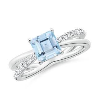 6mm AAA Square Aquamarine Crossover Shank Ring with Diamonds in White Gold