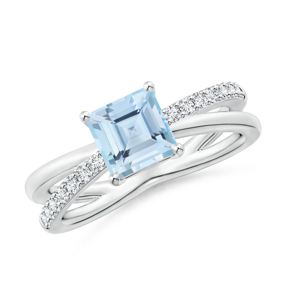 6mm AAA Square Aquamarine Crossover Shank Ring with Diamonds in White Gold 