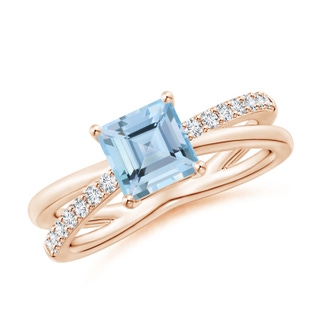 6mm AAAA Square Aquamarine Crossover Shank Ring with Diamonds in Rose Gold