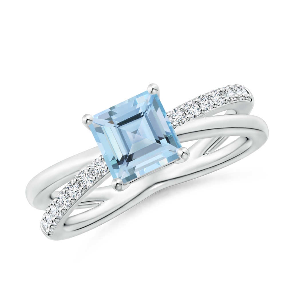6mm AAAA Square Aquamarine Crossover Shank Ring with Diamonds in White Gold