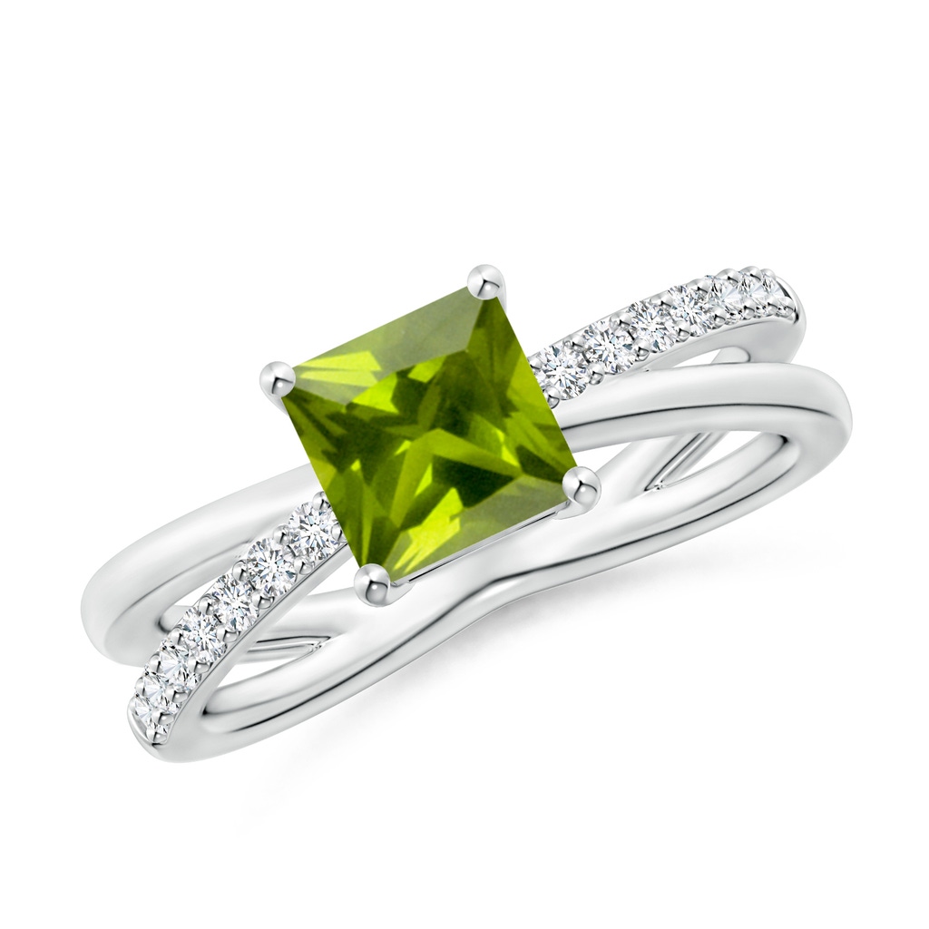 6mm AAA Square Peridot Crossover Shank Ring with Diamonds in White Gold