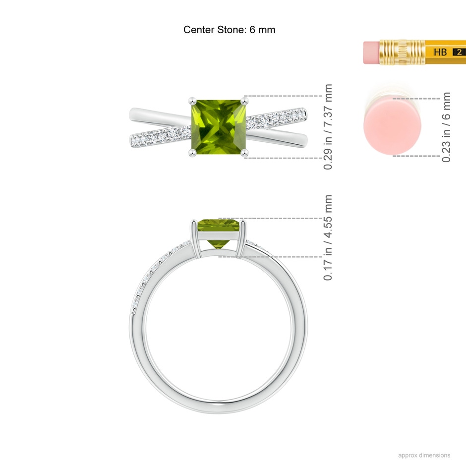 6mm AAA Square Peridot Crossover Shank Ring with Diamonds in White Gold ruler