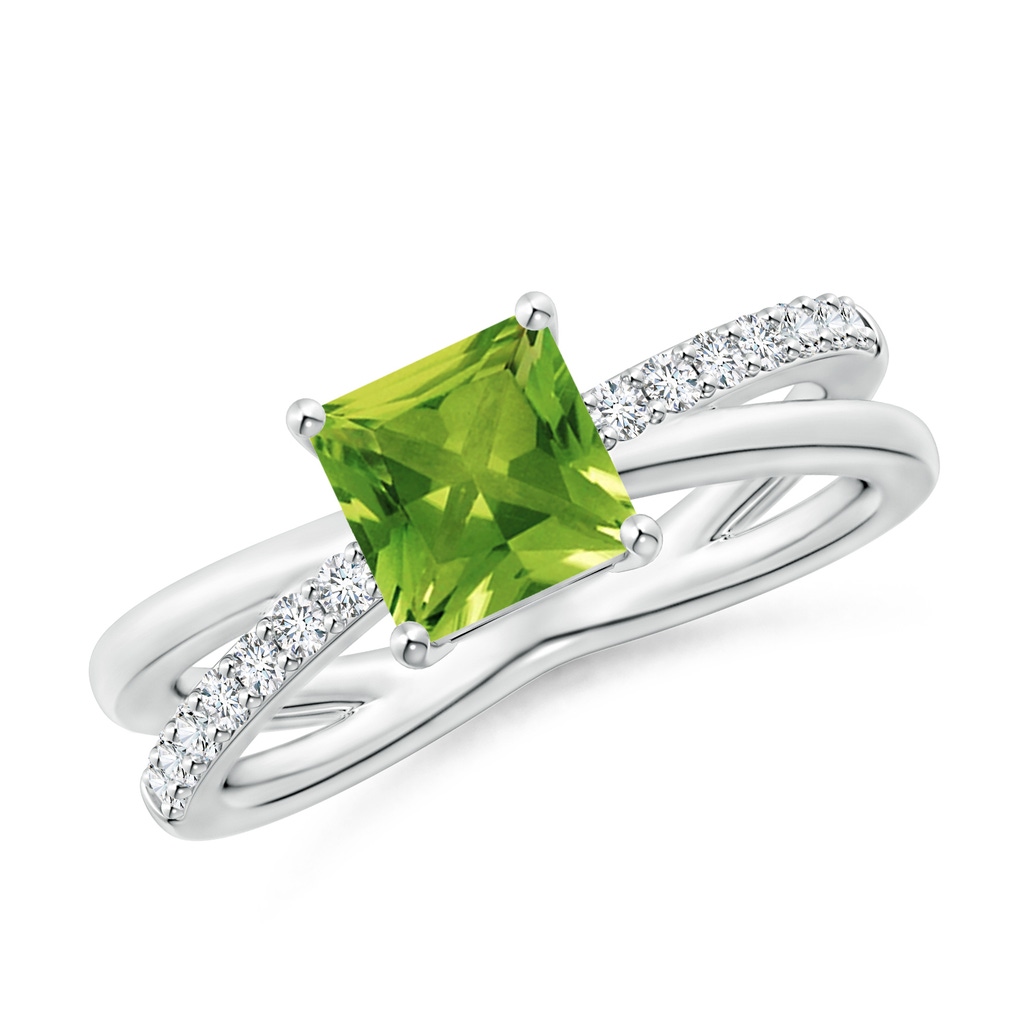 6mm AAAA Square Peridot Crossover Shank Ring with Diamonds in White Gold