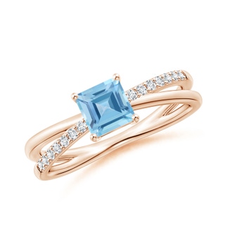 5mm A Square Swiss Blue Topaz Crossover Shank Ring with Diamonds in Rose Gold