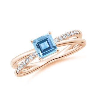 5mm AA Square Swiss Blue Topaz Crossover Shank Ring with Diamonds in Rose Gold