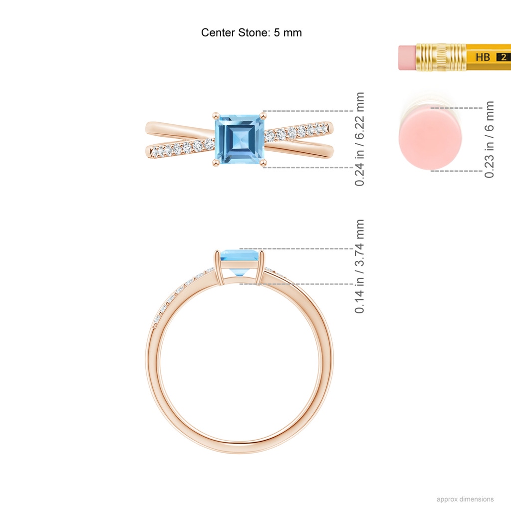 5mm AA Square Swiss Blue Topaz Crossover Shank Ring with Diamonds in Rose Gold Ruler