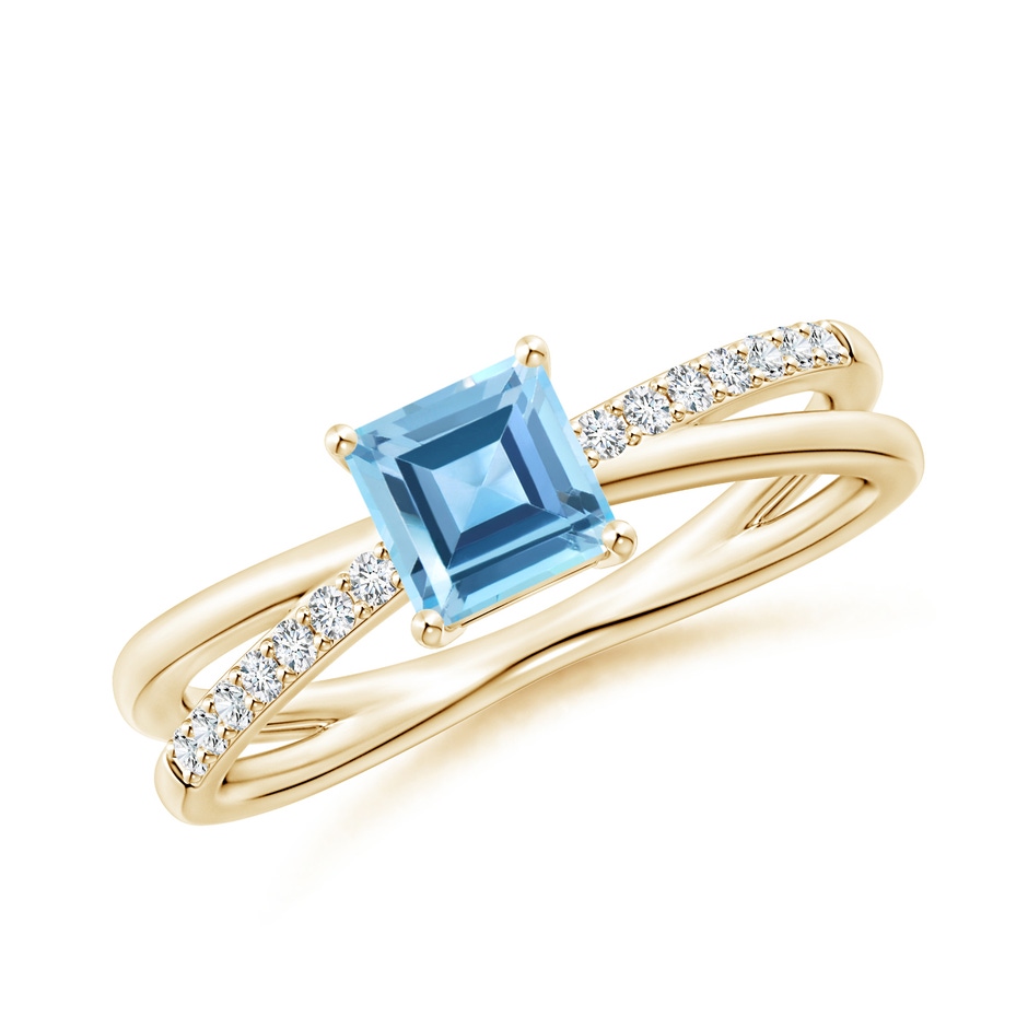 5mm AA Square Swiss Blue Topaz Crossover Shank Ring with Diamonds in Yellow Gold 