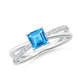 5mm AAAA Square Swiss Blue Topaz Crossover Shank Ring with Diamonds in P950 Platinum
