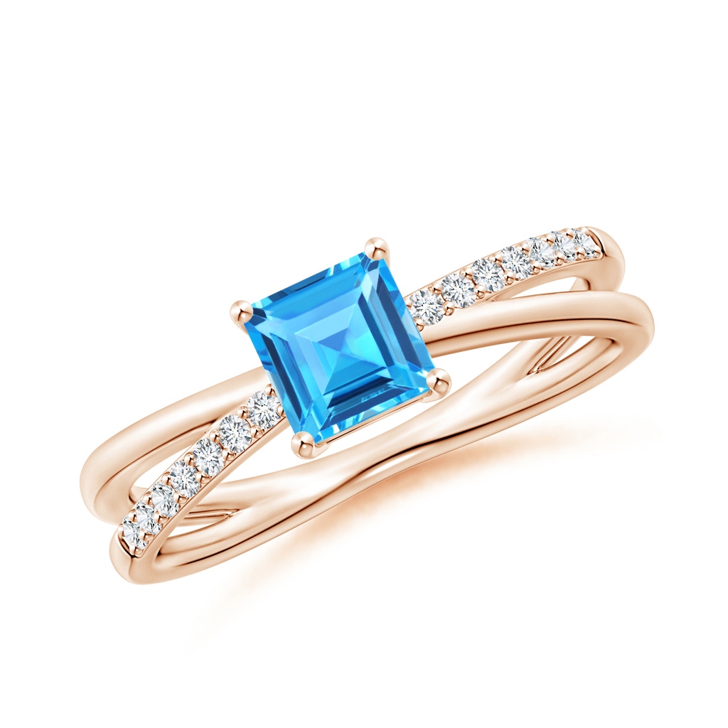 5mm AAAA Square Swiss Blue Topaz Crossover Shank Ring with Diamonds in Rose Gold