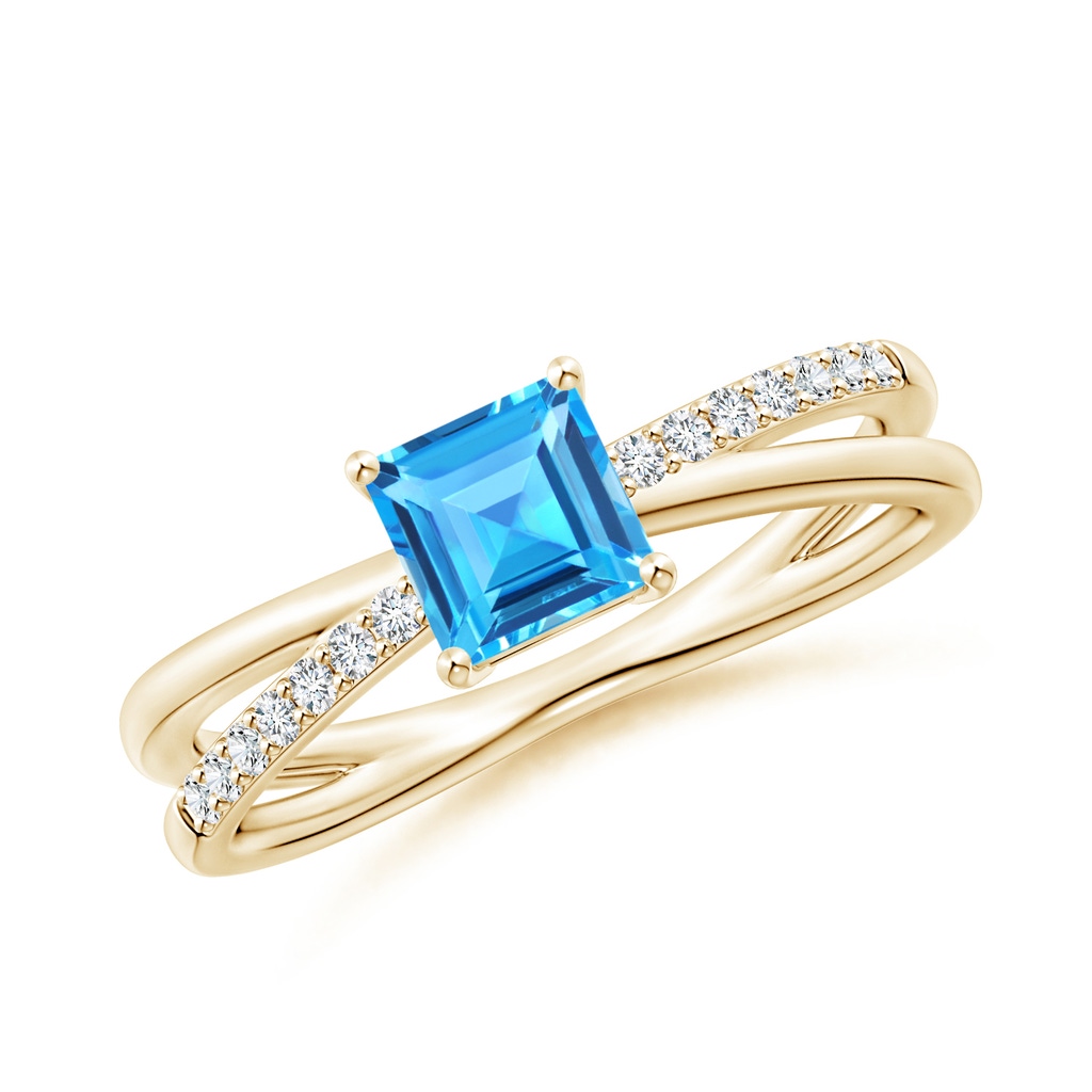 5mm AAAA Square Swiss Blue Topaz Crossover Shank Ring with Diamonds in Yellow Gold