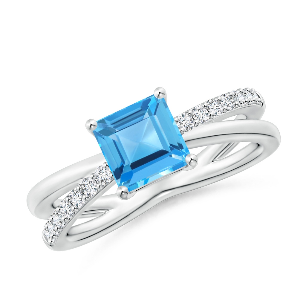 6mm AAA Square Swiss Blue Topaz Crossover Shank Ring with Diamonds in White Gold