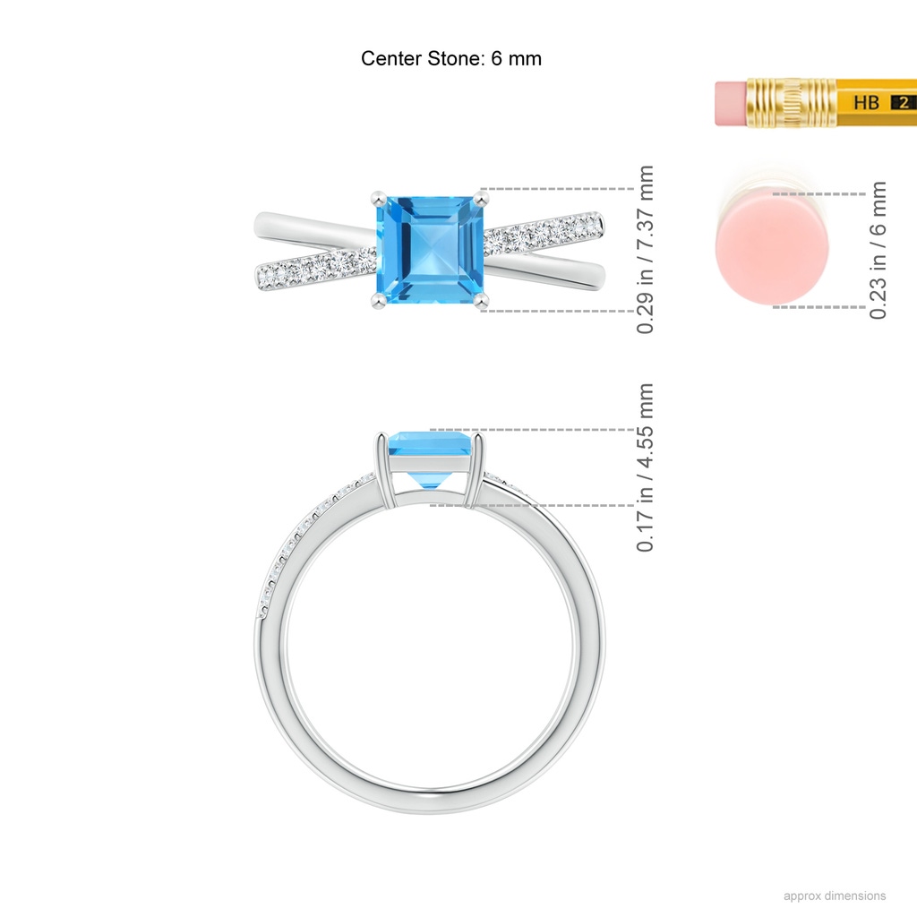 6mm AAA Square Swiss Blue Topaz Crossover Shank Ring with Diamonds in White Gold Ruler