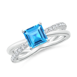 6mm AAAA Square Swiss Blue Topaz Crossover Shank Ring with Diamonds in P950 Platinum