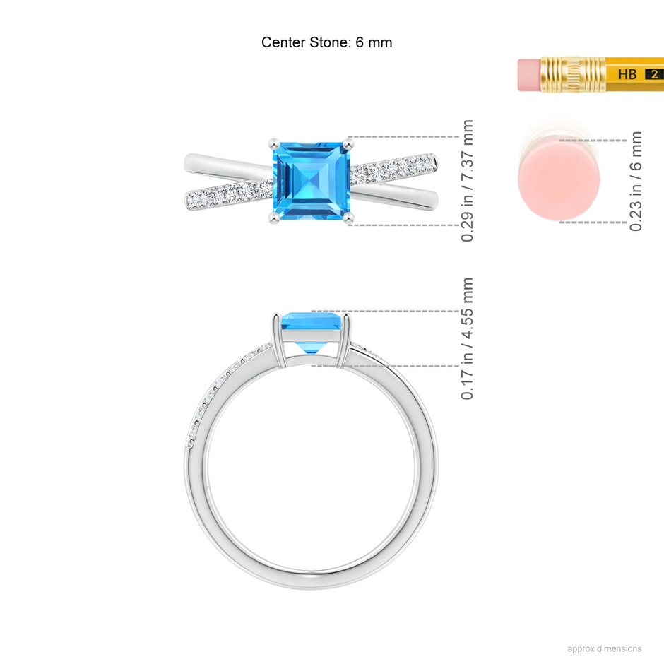 6mm AAAA Square Swiss Blue Topaz Crossover Shank Ring with Diamonds in White Gold ruler