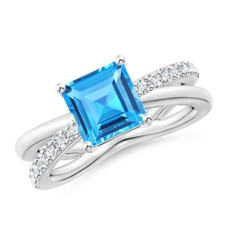7mm AAAA Square Swiss Blue Topaz Crossover Shank Ring with Diamonds in P950 Platinum
