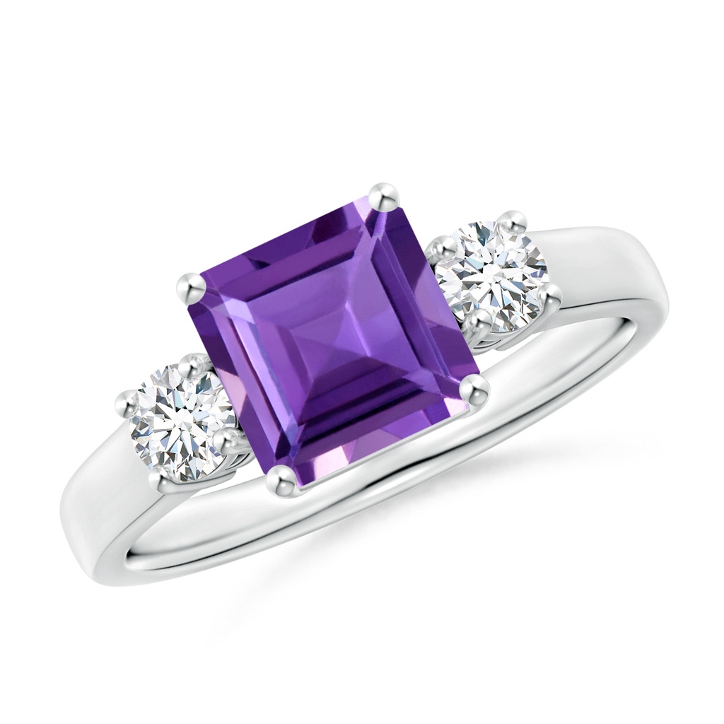 7mm AAA Square Emerald-Cut Amethyst and Diamond Three Stone Ring in White Gold