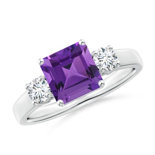 7mm AAAA Square Emerald-Cut Amethyst and Diamond Three Stone Ring in P950 Platinum
