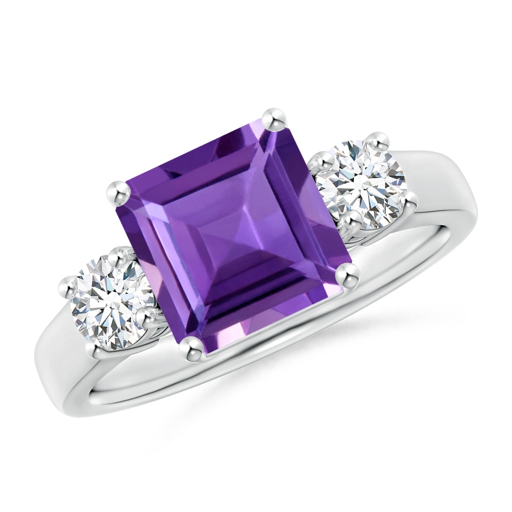 8mm AAA Square Emerald-Cut Amethyst and Diamond Three Stone Ring in White Gold