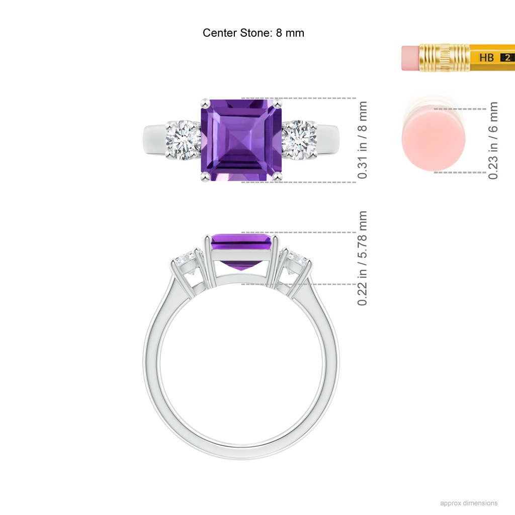 8mm AAA Square Emerald-Cut Amethyst and Diamond Three Stone Ring in White Gold Ruler