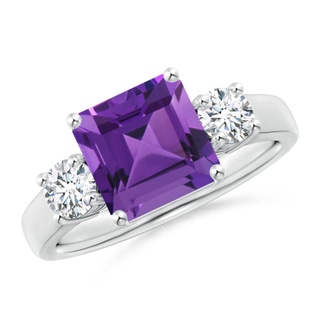 8mm AAAA Square Emerald-Cut Amethyst and Diamond Three Stone Ring in P950 Platinum