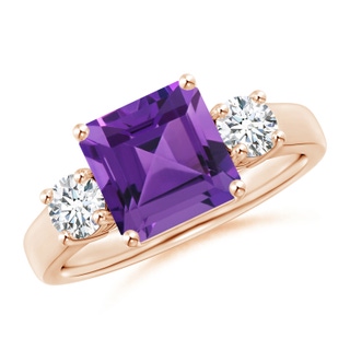 8mm AAAA Square Emerald-Cut Amethyst and Diamond Three Stone Ring in Rose Gold