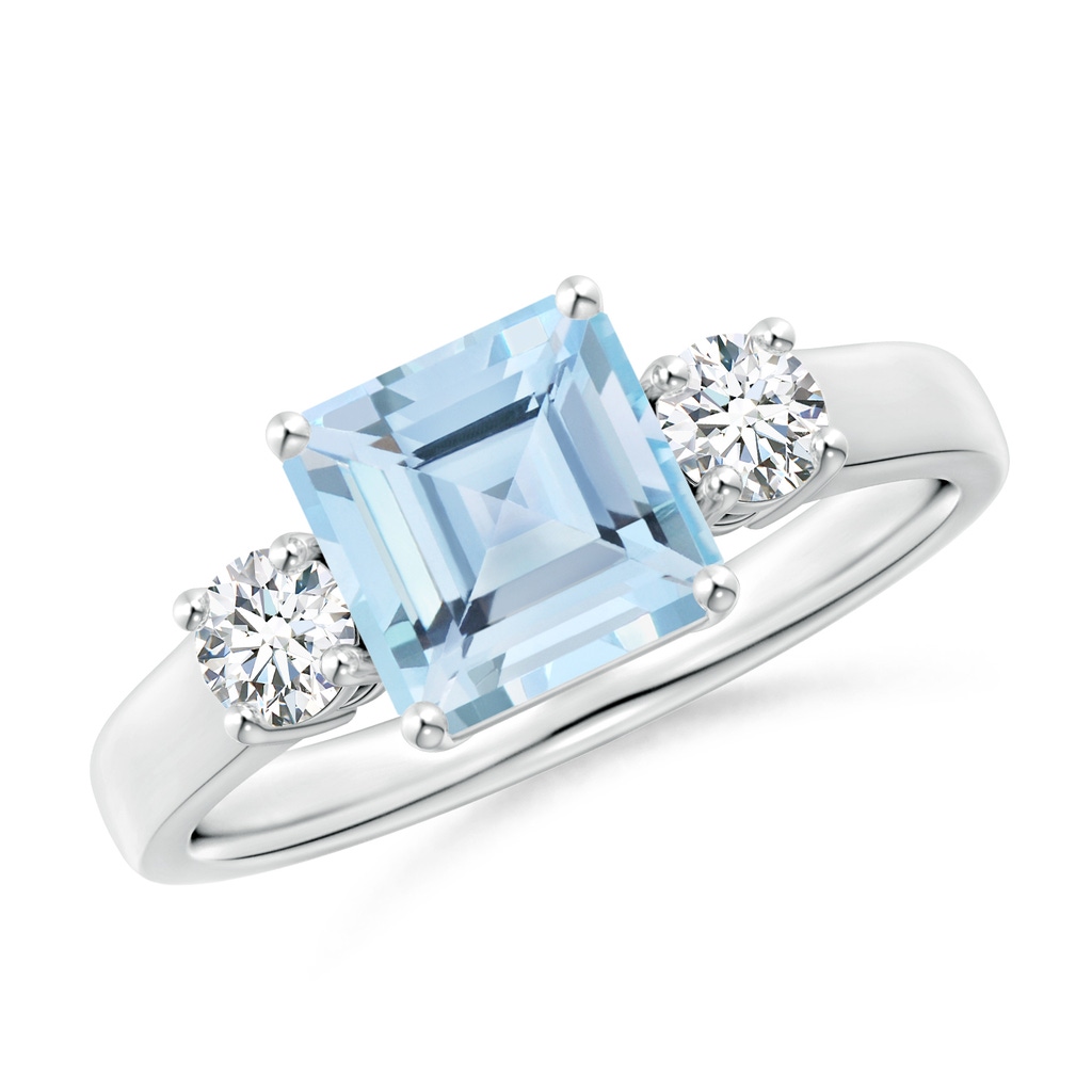 7mm AAA Square Emerald-Cut Aquamarine and Diamond Three Stone Ring in White Gold