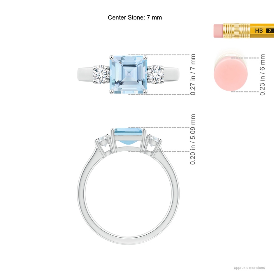 7mm AAA Square Emerald-Cut Aquamarine and Diamond Three Stone Ring in White Gold ruler