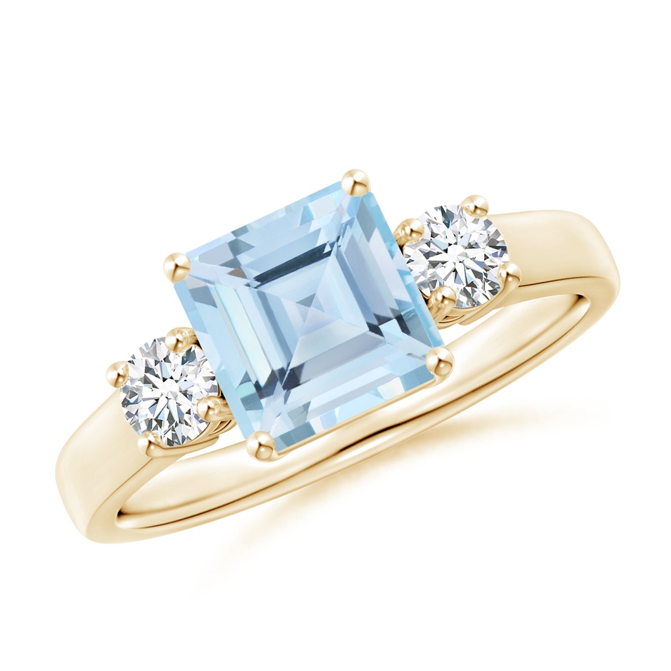 7mm AAA Square Emerald-Cut Aquamarine and Diamond Three Stone Ring in Yellow Gold 