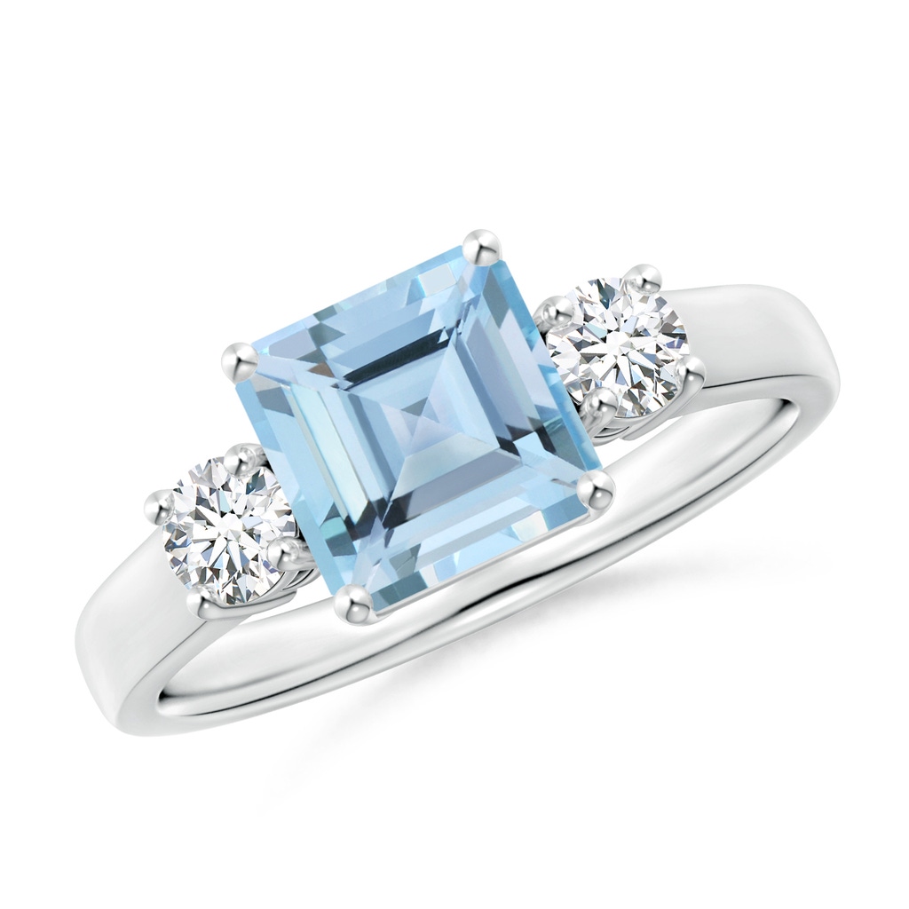 7mm AAAA Square Emerald-Cut Aquamarine and Diamond Three Stone Ring in P950 Platinum