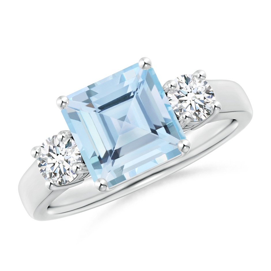 8mm AAA Square Emerald-Cut Aquamarine and Diamond Three Stone Ring in White Gold 