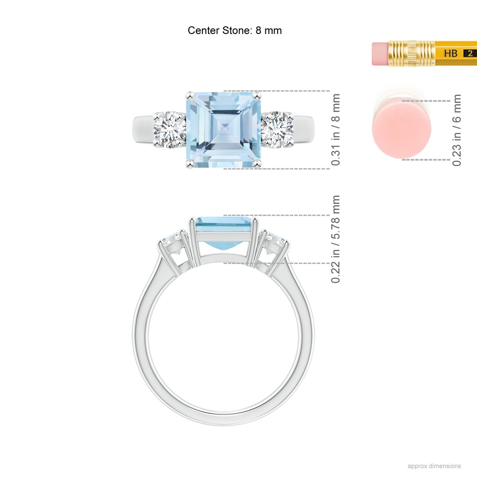 8mm AAA Square Emerald-Cut Aquamarine and Diamond Three Stone Ring in White Gold ruler