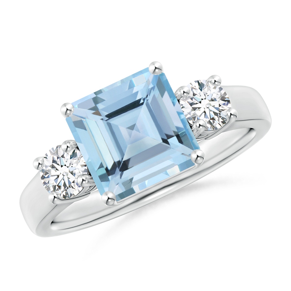 8mm AAAA Square Emerald-Cut Aquamarine and Diamond Three Stone Ring in P950 Platinum 