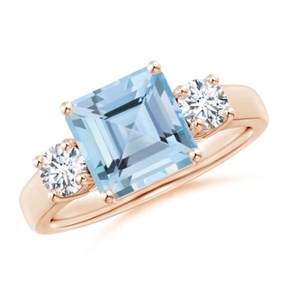 8mm AAAA Square Emerald-Cut Aquamarine and Diamond Three Stone Ring in Rose Gold