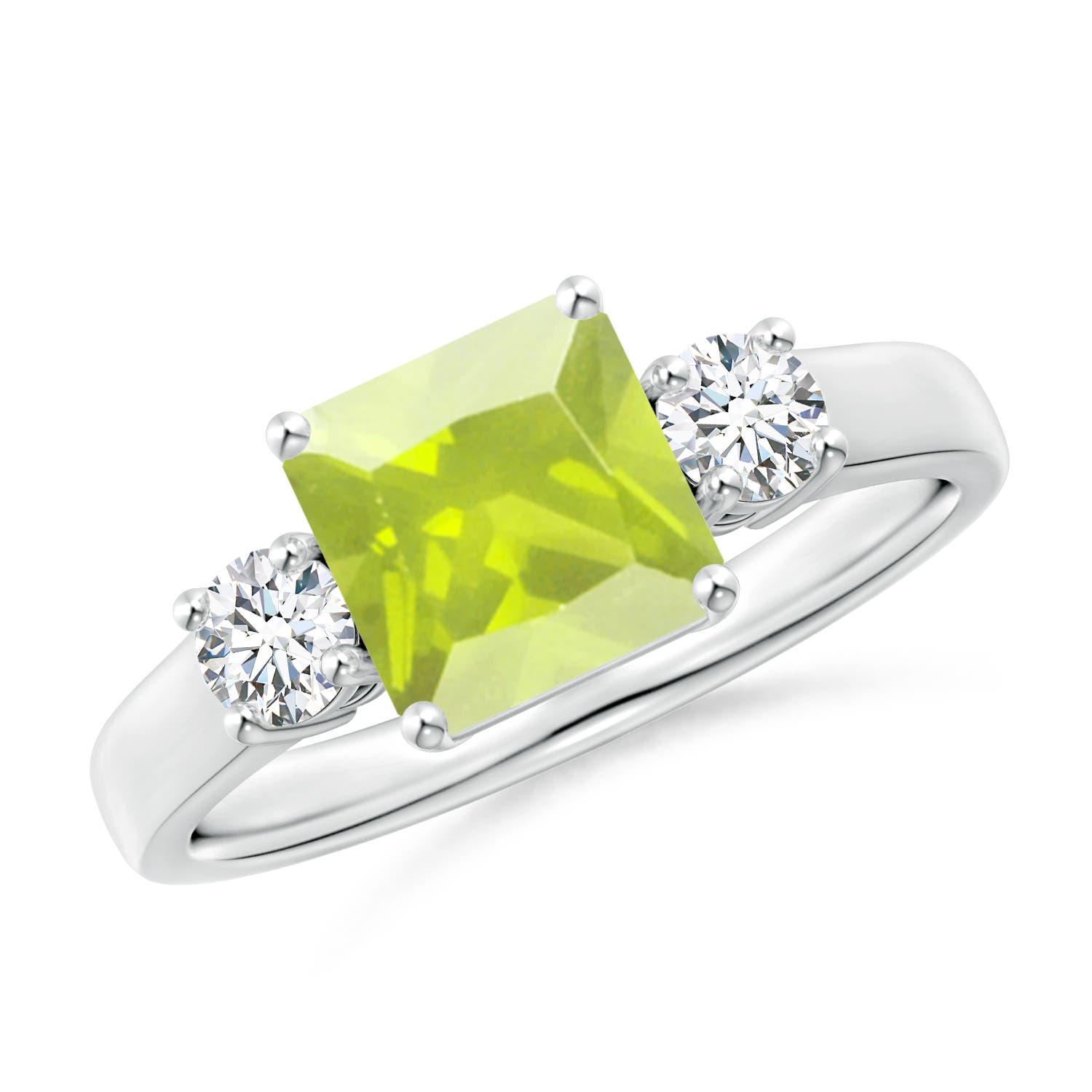 7mm A Square Emerald-Cut Peridot and Diamond Three Stone Ring in P950 Platinum