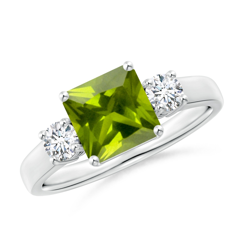 7mm AAA Square Emerald-Cut Peridot and Diamond Three Stone Ring in White Gold