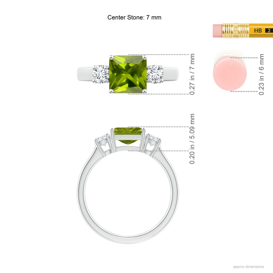 7mm AAA Square Emerald-Cut Peridot and Diamond Three Stone Ring in White Gold ruler